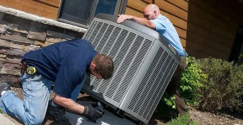 HVAC technicians replacing outdoor air conditioning condenser unit