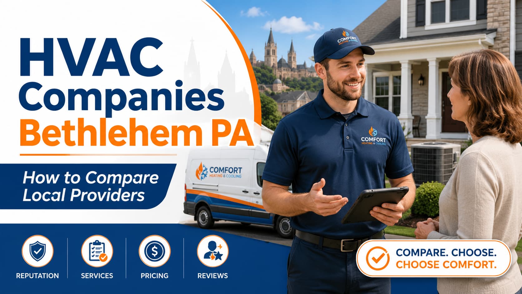 HVAC technician explaining heating and cooling service options to a Bethlehem PA homeowner