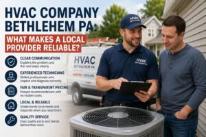 Local HVAC company technician explaining heating and cooling service options at a Bethlehem PA home