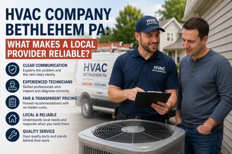 Local HVAC company technician explaining heating and cooling service options at a Bethlehem PA home