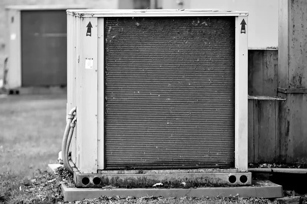 Outdoor HVAC air conditioning condenser unit installed near building